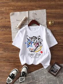 180g Made In Mexico, Spring/Summer 2026 Fashion Short Sleeve T-Shirt, Cartoon Print, Couple Style, Underwear/Outerwear, Casual Round Neck For Office, Unisex One Piece Top - 白色的 - 查看 3