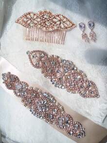 Juego de 3 piezas de accesorios nupciales en oro rosa, que incluye clips de strass en oro rosa, cinturón a juego, liga, cadena de strass adhesiva, para boda - Multicolor - Ver 7