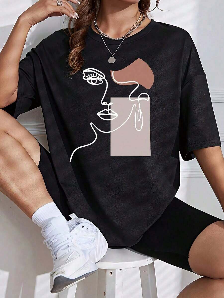 Soft, 100% Cotton T-Shirt In A Casual And Fashionable Style, Featuring A Circular Pattern Print With Human Face Lines And A Color-Block Design. This Women's Summer T-Shirt Has A Relaxed Fit And Is Available In Plus Sizes, Offering Comfort, A Loose Fit, And Breathability. It Goes With Everything And Looks Great. - 黑色 - 查看 1