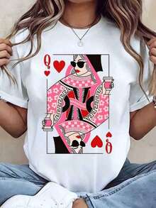 Women's T-Shirt With Queen Of Hearts Print, Sunglasses And Coffee Cup, Graphic Design, Regular Fit, Round Neck, Casual Clothing For Everyday Wear, Gift Idea - 白色 - 查看 6