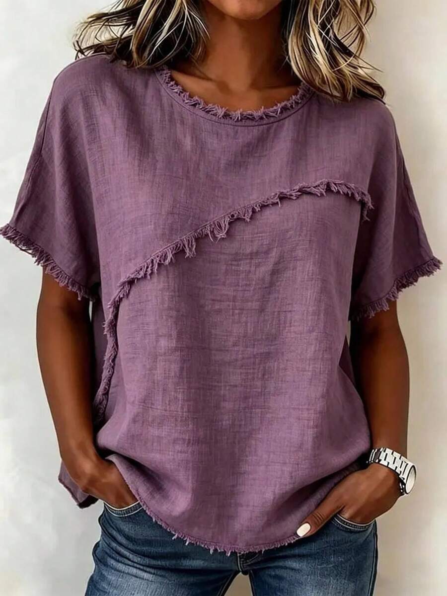 Women's Linen-Blend Fringe Trim T-Shirt, Crew Neck Short Sleeve Casual Blouse, Multi-Color Options SwankSociety - Purple - View 1