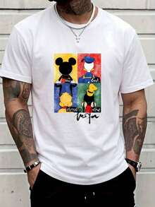 100% Cotton Crew Neck T-Shirt | Soft White Fabric, Pop Art Inspired Four-Panel Design With Animal Graphics (Black Mouse Silhouette, Blue-Clad Figure, Yellow-Toned Character, Black And White Animal With Red Details, Each Panel With The Texts: "King," "God," "Eternal," "The," And Stylized "Taz" Logo, Vibrant Color-Blocked Backgrounds: Yellow, Red, Blue, Green), Ribbed Collar For Added Comfort, Relaxed Fit For Casual Streetwear And Everyday Wear. - 白色 - 查看 1