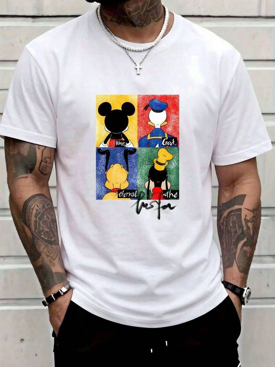 100% Cotton Crew Neck T-Shirt | Soft White Fabric, Pop Art Inspired Four-Panel Design With Animal Graphics (Black Mouse Silhouette, Blue-Clad Figure, Yellow-Toned Character, Black And White Animal With Red Details, Each Panel With The Texts: "King," "God," "Eternal," "The," And Stylized "Taz" Logo, Vibrant Color-Blocked Backgrounds: Yellow, Red, Blue, Green), Ribbed Collar For Added Comfort, Relaxed Fit For Casual Streetwear And Everyday Wear. - 白色 - 查看 1