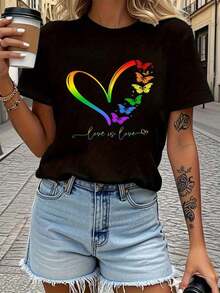 Camiseta con Estampado Gráfico "Love Is Love", Manga Corta, Cuello Redondo, Estilo Casual para Verano y Primavera, Ropa de Mujerblusas para dama - Negro - Ver 7