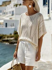 Blusa holgada de punto con escote bardot y manga corta, cómoda y casual, adecuada para primavera y verano, de la marca Elestia - Camel - Ver 8