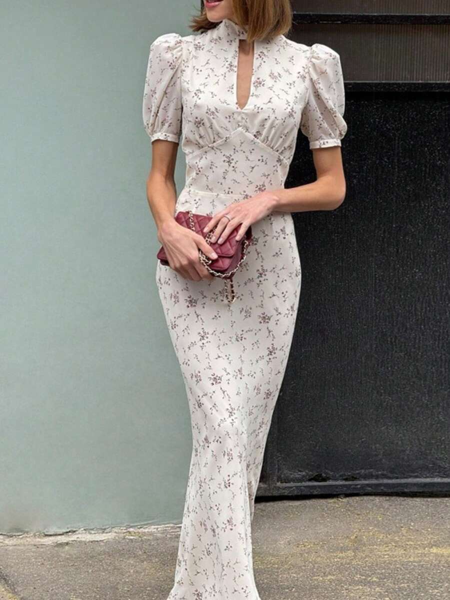 Women's Long Dress With Floral Print, High Neck, And Puff Sleeves - 白色 - 查看 1