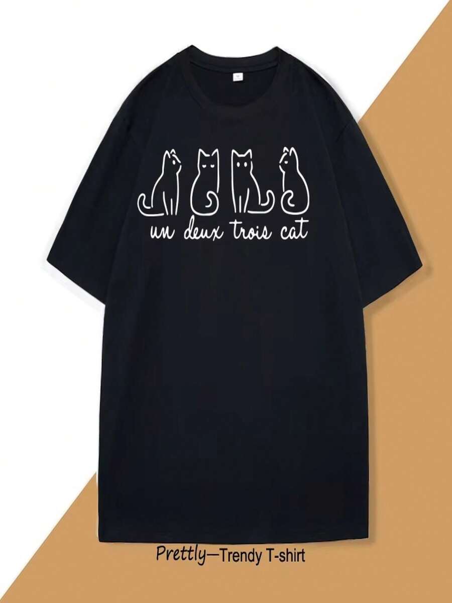 UnDeuxTrois Cat-Themed T-Shirts, Casual T-Shirts For Cat Moms, T-Shirts For French Teachers, Funny Cat T-Shirts, Unisex Short-Sleeved Casual T-Shirts. - 黑色 - 查看 1
