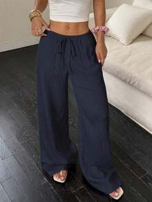 [Free Shipping]Women's Casual Plain Slant Pockets Textured Long Pants Fall Cloth For Women - Navy Blue - View 6