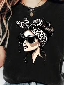 Women's Plus Size Graphic Print T-Shirt, Round Neck, Short Sleeve, Black And Elegant - Lightweight Clothing Blend, Regular Fit, Casual Spring Summer Top With Chic Glasses Design, Modern - 黑色 - 查看 1