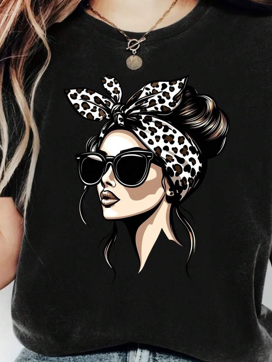Women's Plus Size Graphic Print T-Shirt, Round Neck, Short Sleeve, Black And Elegant - Lightweight Clothing Blend, Regular Fit, Casual Spring Summer Top With Chic Glasses Design, Modern - 黑色 - 查看 1