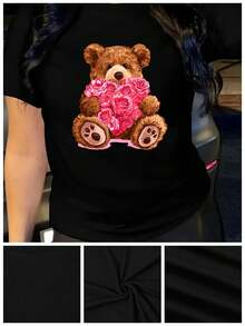 Women's Casual Crew Neck T-Shirt, 100% Polyester Knit Fabric, Animal Print With Teddy Bear And Heart-Shaped Flowers, Short Sleeve, Regular Length, Fashionable Sleeveless T-Shirt For All Seasons - 黑色 - 查看 8
