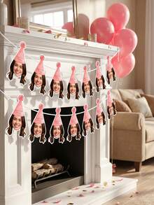 7/14/21pc Custom Photo Birthday Face Bunting Banner, Personalized Pink Party Hat Garland, Cute Adult Birthday Decor, Funny Photo Booth Prop - Multicolor - View 4