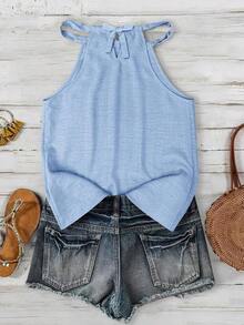 Camiseta de tirantes con cuello halter con estampado floral pequeño, adecuada para primavera y verano - Azul - Ver 3
