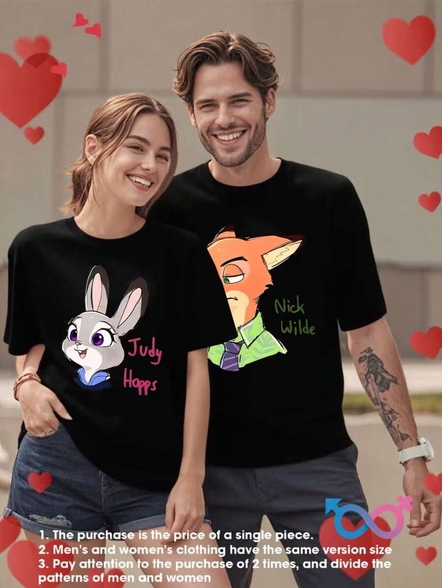 Disney Zootopia Couple T-Shirt Fox Rabbit Couple Print Series Casual Short-Sleeved Shirt, Perfect Valentine's Day Or Christmas Gift, Suitable For Him And Her, Matching Clothes. - 女士黑色 - 查看 1
