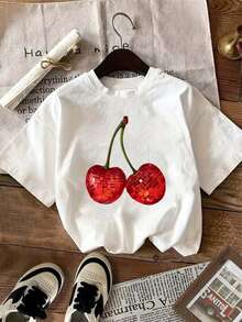Women's Casual Short-Sleeved T-Shirt, Vintage Cherry And Letter Print, Loose And Breathable, For Spring/Summer, Work And Parties, Machine Washable (Black/White/Grey), Ladies' Clothing, Spring-Summer Garments, Comfortable Fabric - 白色 - 查看 1