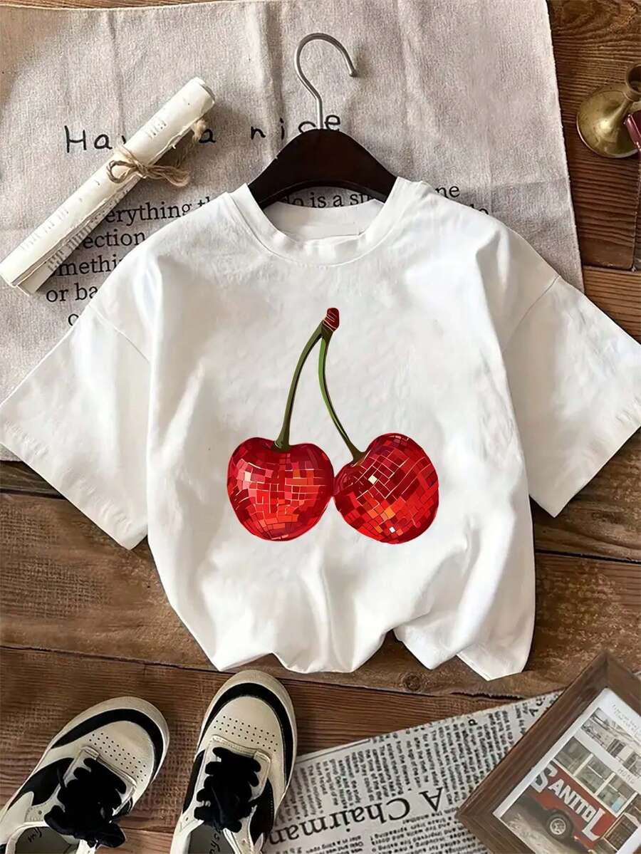 Women's Casual Short-Sleeved T-Shirt, Vintage Cherry And Letter Print, Loose And Breathable, For Spring/Summer, Work And Parties, Machine Washable (Black/White/Grey), Ladies' Clothing, Spring-Summer Garments, Comfortable Fabric - 白色 - 查看 1