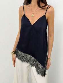 Camiseta elegante y sexy de mujer con estampado de leopardo y encaje en contraste, camiseta de estampado de leopardo elegante, top de fiesta, atuendos de playa y vacaciones para mujeres, top para salir - Azul marino - Ver 8