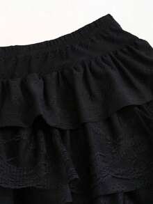 Falda con volantes en capas estilo A con tela texturizada negra y encaje en contraste, estilo evasé y estilizador, inspirado en la década 2000 - Negro - Ver 3