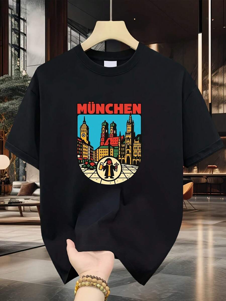 Unisex T-Shirt Featuring A Print Of Munich Landmarks And Landscapes, Perfect For Men And Women. Soft And Versatile, This All-Season Casual Essential Is A Versatile Everyday Wearer And A Great Gift For Fans And Friends. With Its Crisp, Streamlined Cut, This Garment Creates A Clean And Vibrant Look. Its Relaxed Yet Flattering Silhouette Suits All Body Types, Offering A Style That Is Both Casual And Sophisticated. - 黑色 - 查看 1