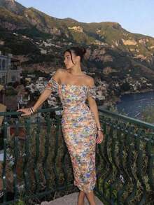 Vestido ajustado de hombros descubiertos fruncido - Multicolor - Ver 2