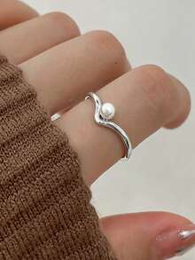1 pieza Anillo de perla en forma de V, anillo minimalista premium para el dedo índice - Plateado - Ver 3