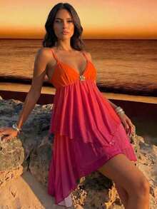 Nevyona Vestido de tirantes de gasa con dobladillo asimétrico y decoración metálica degradada, atuendo de verano, ropa de playa para mujer, vestido para fiesta de vacaciones - Rosa Fucsia - Ver 4