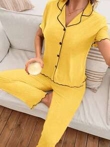 Mono de verano de punto ligero y suelto con volantes, de tela roja, de estilo casual y holgado para mujer - Amarillo - Ver 5