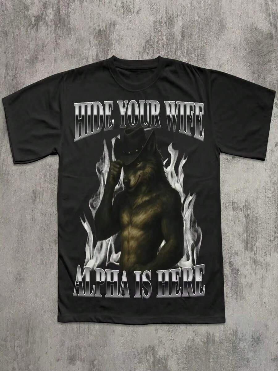 Hide Your Wife, The Alpha Wolf Is Coming! Awkward T-Shirts, Werewolf, Memes, Satirical T-Shirts, Mocking Graphic Tees, 90s Y2K T-Shirts, Clothing - 黑色 - 查看 1