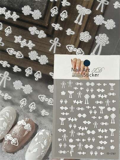 5D Embossed White Chinese Knot Nail Stickers White Lace Chinese Knot/Bow Nail Decal Self-Adhesive Lace White Bow Mnaicure Slider
