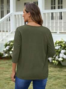 Chaqueta ligera de mujer de unicolor con abertura frontal y manga 3/4 casual - Verde militar - Ver 2