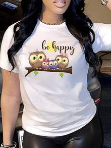 Women's Casual Short Sleeve T-Shirt - Cute Owl And "Be Happy" Print, Colorful Owls On A Branch, Medium Elasticity Round Neck, Machine Washable Spring Summer Top, Gift For Girlfriend, Owl Gifts, Fun Design, Medium Elasticity Material - 白色 - 查看 1