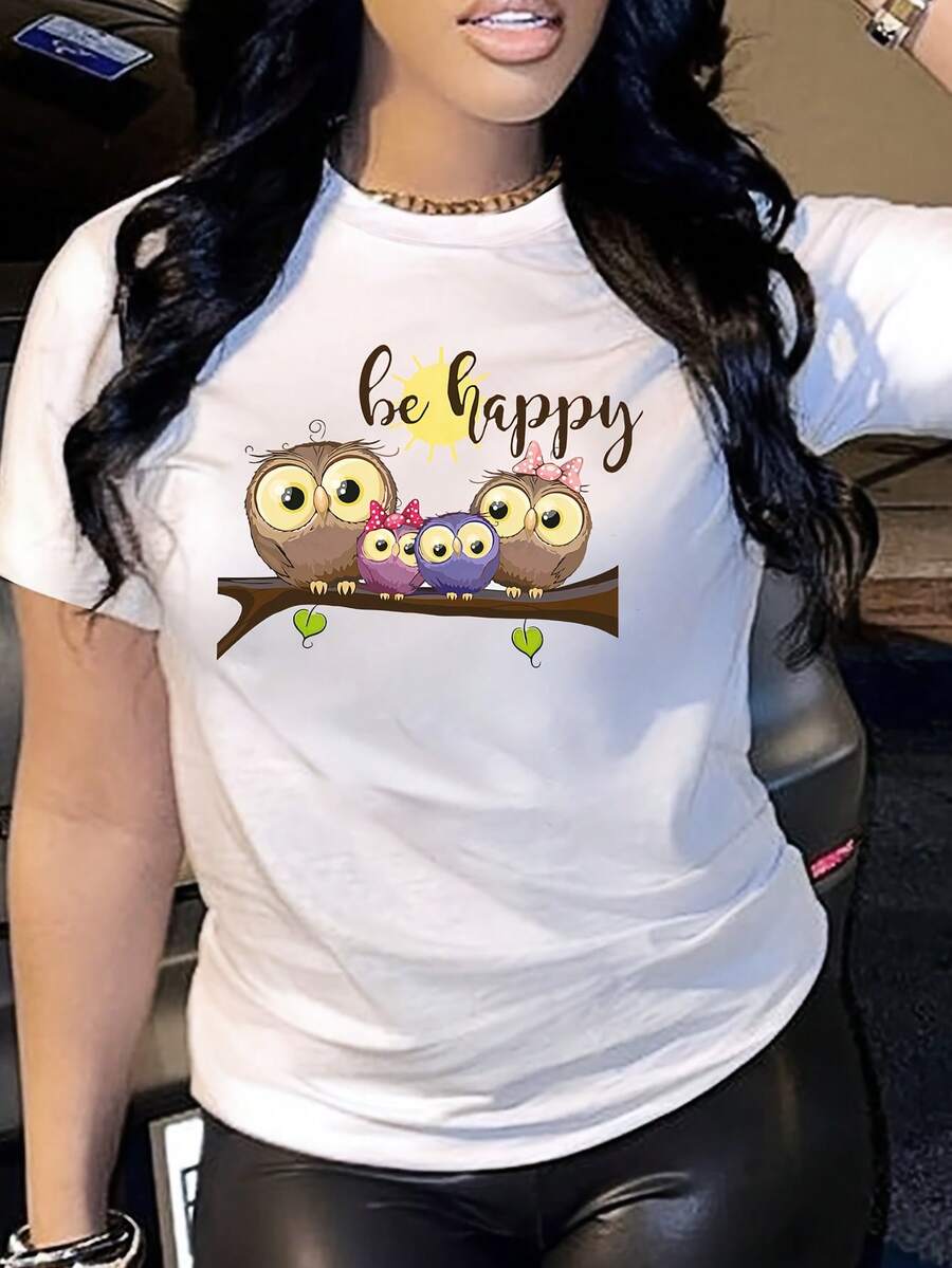 Women's Casual Short Sleeve T-Shirt - Cute Owl And "Be Happy" Print, Colorful Owls On A Branch, Medium Elasticity Round Neck, Machine Washable Spring Summer Top, Gift For Girlfriend, Owl Gifts, Fun Design, Medium Elasticity Material - 白色 - 查看 1