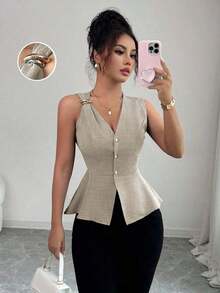 Nueva llegada Blusa de verano minimalista y elegante para mujer con diseño de hebilla de metal, cuello en V sin mangas y cintura ceñida a rayas de algodón cómodo - Albaricoque - Ver 4