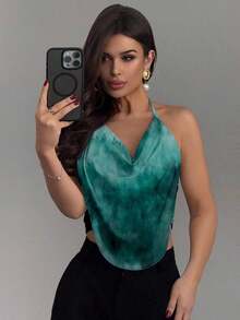Top de cuello halter para fiesta sin espalda con fornteras drapeadas y diseño sólido - Multicolor 9 - Ver 4