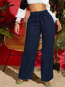 Pantalones negros anchos de verano con cintura de cordón sólido - Azul marino - Ver 6