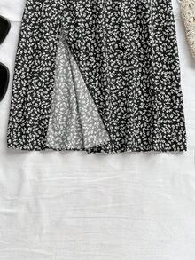 casual con estampado floral y dobladillo dividido para mujer - Blanco y Negro - Ver 6