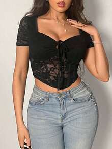 Camiseta corta estampada con cordón frontal - Negro 2 - Ver 4