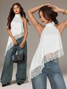 Blusa sin mangas elegante y formal con cuello halter asimétrico, adorno de encaje y hombros descubiertos para fiesta, cóctel, boda o salida nocturna en verano y otoño - Blanco - Ver 1