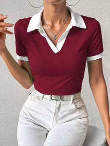 Camiseta de mujer con cuello polo, manga corta, estampado de lunares y parches - Burdeos - Ver 6