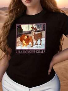 Two Adorable Dogs Gazing Tenderly At Each Other Symbolize A Sincere Connection And Relationship Goals Based On Love And Respect. Comfortable, Classic-Cut Women's T-Shirt, Soft And Breathable, Suitable For Everyday Wear. - Black - View 1