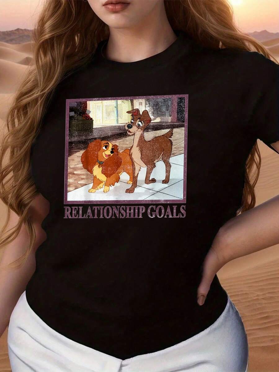 Two Adorable Dogs Gazing Tenderly At Each Other Symbolize A Sincere Connection And Relationship Goals Based On Love And Respect. Comfortable, Classic-Cut Women's T-Shirt, Soft And Breathable, Suitable For Everyday Wear. - Black - View 1