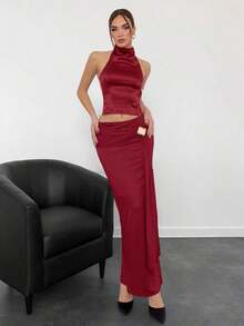 Top de satén sin espalda con cuello alto para mujer, ideal para fiestas - Burdeos - Ver 3