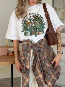 Camiseta de manga corta con cuello redondo y estampado para mujer, corte holgado informal, tela súper suave y cómoda, estilo de moda urbana, camiseta gráfica clásica que combina con todo, top básico diario ligero y transpirable, perfecta para uso diario, vacaciones informales, ir al trabajo, salidas al aire libre, reuniones de fin de semana, compras y actividades de ocio, camiseta casual de gran tamaño y a la moda para damas. MDCC - Blanco - Ver 6