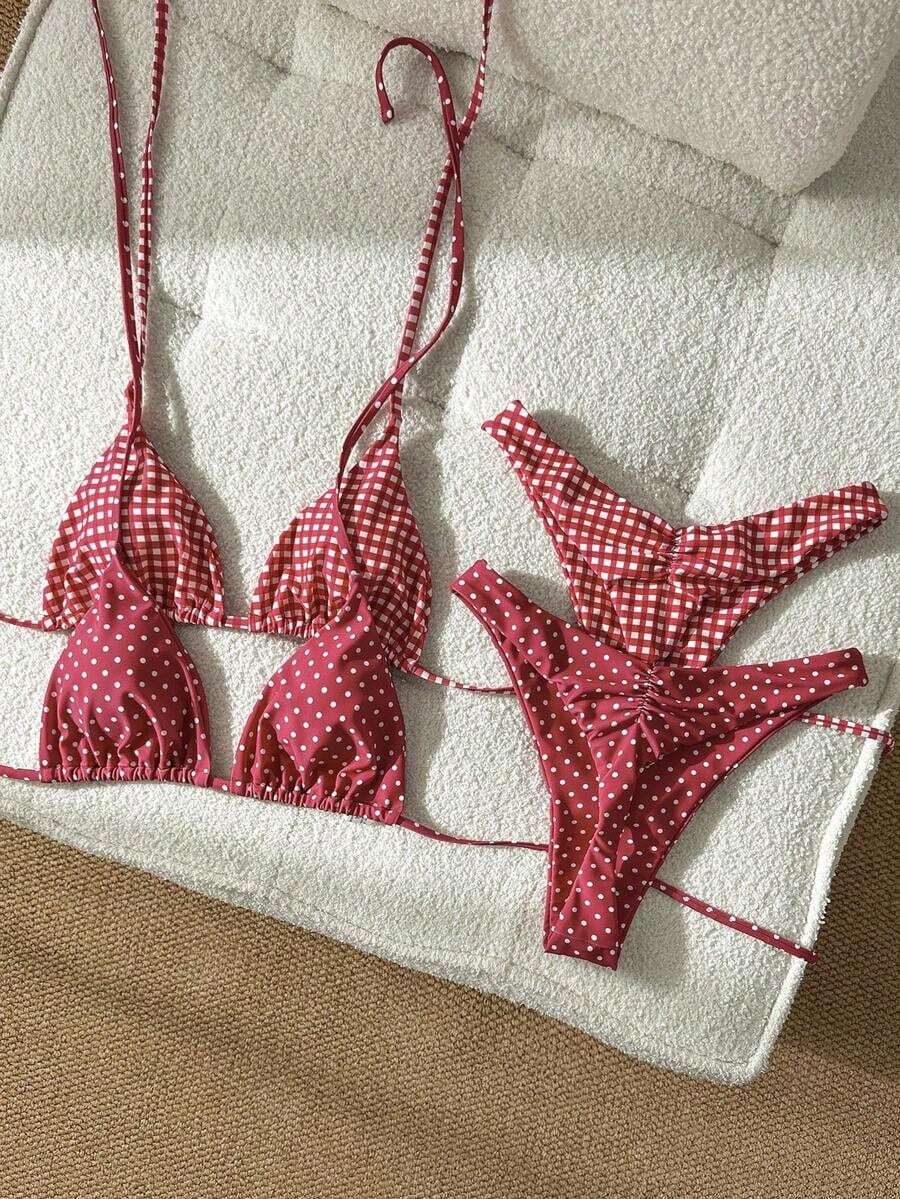 Swim Vcay Nuevo conjunto de bikini con múltiples piezas, de tiras de espagueti, corte alto y estampado de leopardo y unicolor - Rojo - Ver 1