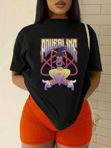 Colorful Graphic Depicting A Futuristic, Energetic Singer With A Powerful Attitude Surrounded By Cosmic Lights, Symbolizing Strength And Freedom. A Comfortable, Modern, Casual Women's T-Shirt For Everyday Wear. - 黑色 - 查看 2