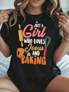 1 Piece Graphic T-Shirt "Just A Girl Who Loves Jesus And Baking" For Women, Faith And Cooking Theme, Casual Wear, Christian Gift For Bakers, 180g 100% Cotton - 黑色 - 查看 7