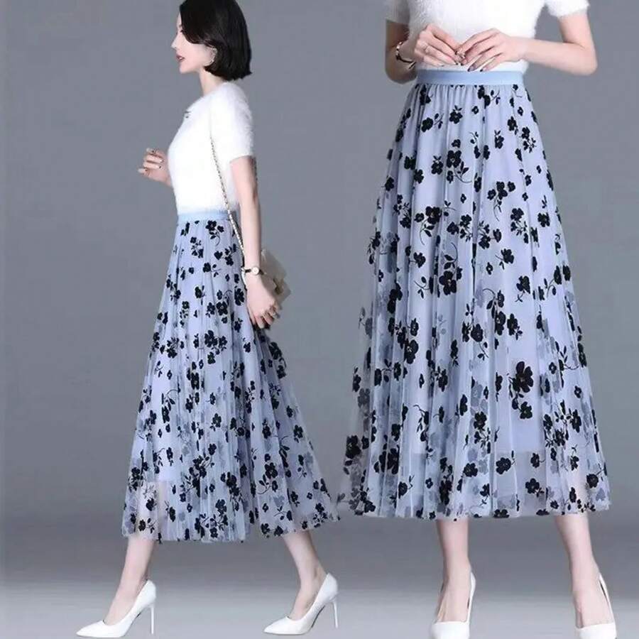 Falda de tul coreana para mujer, falda Midi holgada Floral con gancho a la moda para verano, faldas de malla informales elegantes que combinan con todo, novedad - Gris - Ver 1