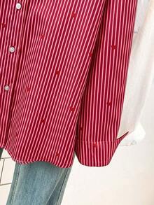 Blusa de mujer con cuello polo, estampado de corazones y rayas - Camisa casual de manga larga con botones, adecuada para uso diario en primavera, verano y otoño - Burdeos - Ver 6