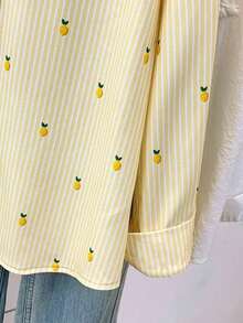 Blusa de mujer con cuello polo, estampado de corazones y rayas - Camisa casual de manga larga con botones, adecuada para uso diario en primavera, verano y otoño - limón amarillo - Ver 9