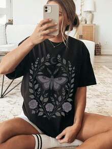 Camisa Gótica Floral, Camisa Estilo Dark Academia, Camisa Gótica de Jardín, Camisa Floral de Estilo Creepy Cute, Camisa con Estampado de Polilla Botánica, Camiseta Celestial, Camiseta Clásica de Manga Corta de Algodón Grueso 100% Algodón, Camiseta con Estampado Gráfico, Top Casual de Manga Corta para Mujer - negro - Ver 1